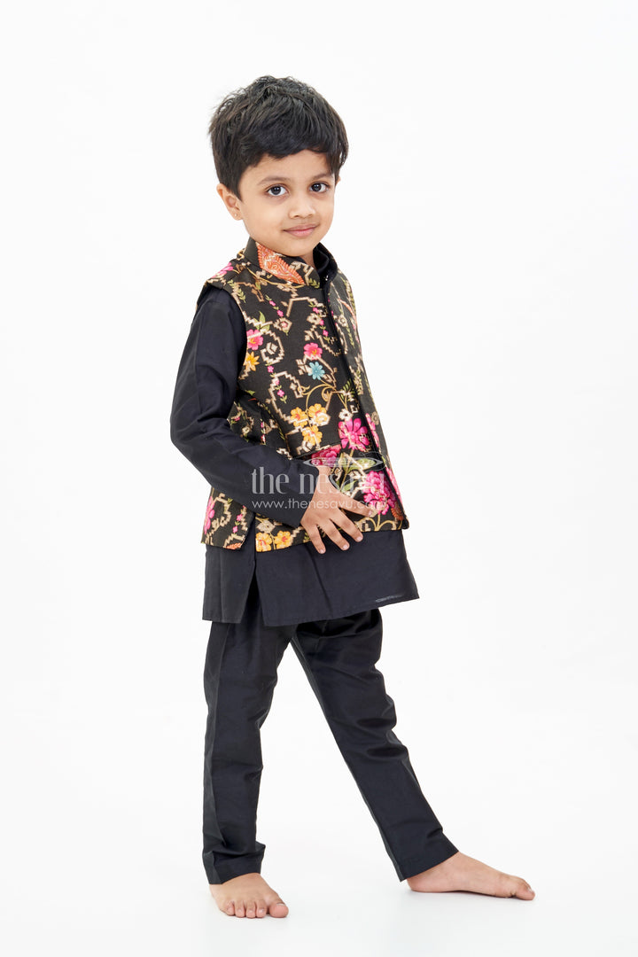The Nesavu Boys Jacket Sets Stylish Black Jacket On Kurta Set for Boys with Floral Embroidered Silk Vest Nesavu 16 (1Y) / Black BES648A-16 Stylish Black Jacket Kurta Set Boys Floral Embroidered Silk Vest | The Nesavu