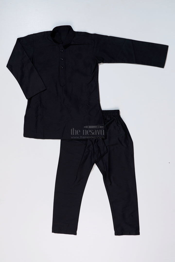 The Nesavu Boys Jacket Sets Stylish Black Jacket on Kurta Set for Boys with Floral Embroidered Silk Vest Nesavu Nesavu Stylish Black Jacket Kurta Set Boys Floral Embroidered Silk Vest