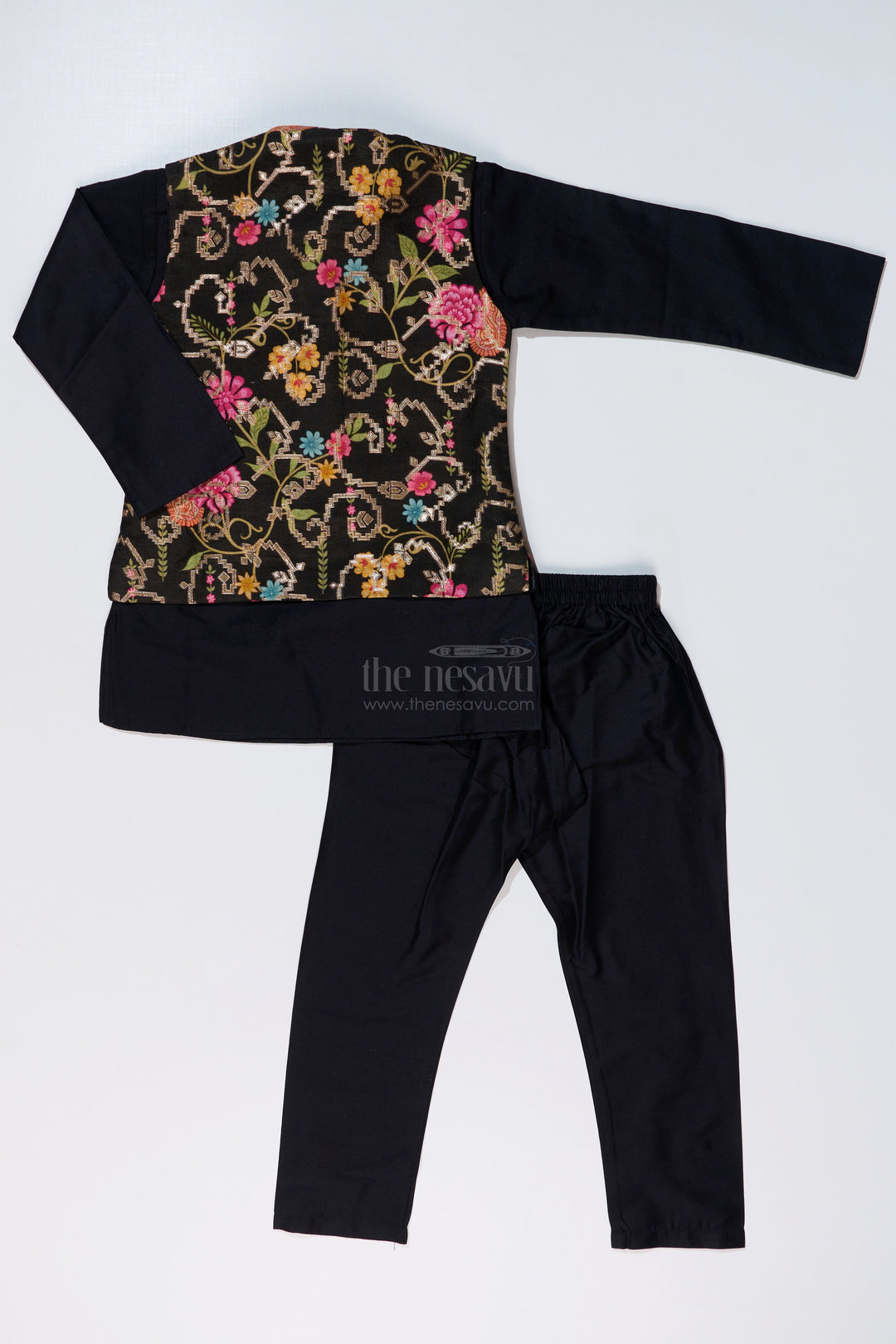 The Nesavu Boys Jacket Sets Stylish Black Jacket On Kurta Set for Boys with Floral Embroidered Silk Vest Nesavu Stylish Black Jacket Kurta Set Boys Floral Embroidered Silk Vest | The Nesavu