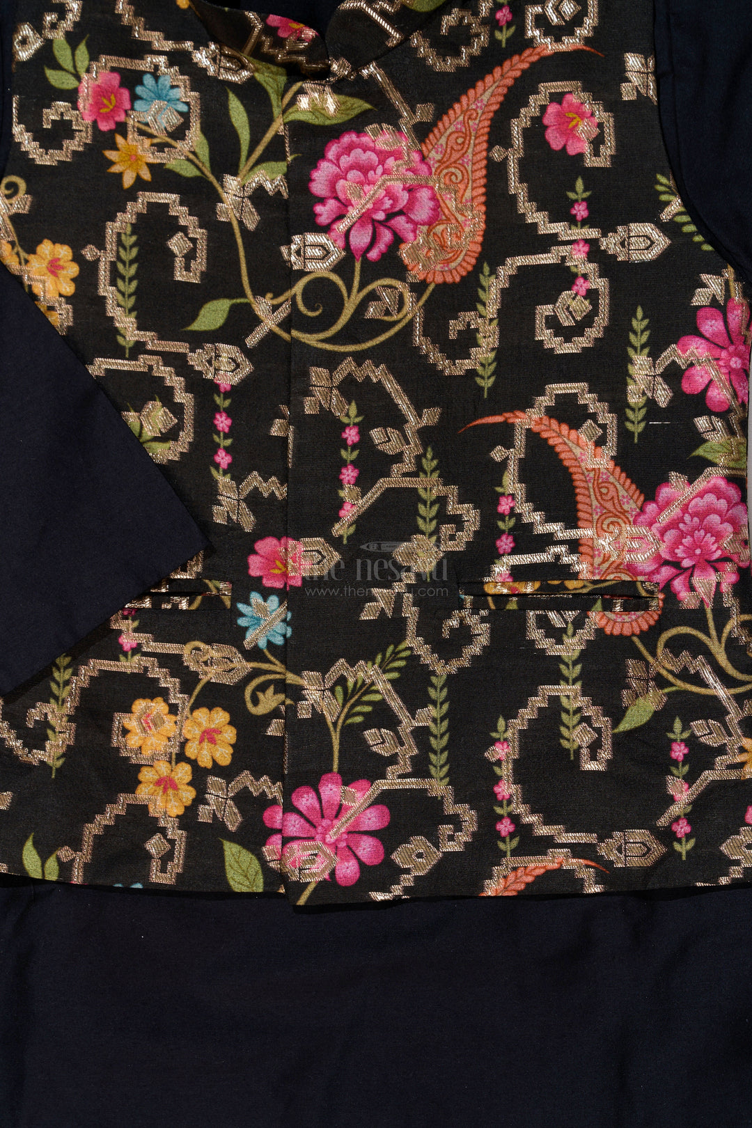 The Nesavu Boys Jacket Sets Stylish Black Jacket On Kurta Set for Boys with Floral Embroidered Silk Vest Nesavu Stylish Black Jacket Kurta Set Boys Floral Embroidered Silk Vest | The Nesavu