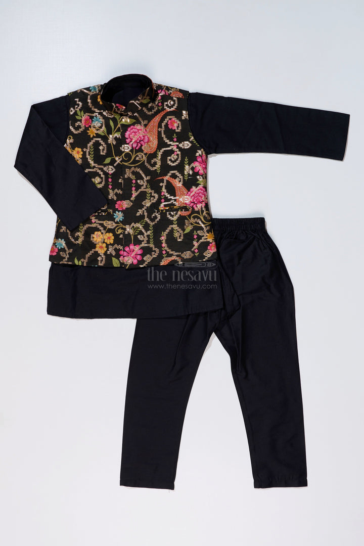 The Nesavu Boys Jacket Sets Stylish Black Jacket On Kurta Set for Boys with Floral Embroidered Silk Vest Nesavu Stylish Black Jacket Kurta Set Boys Floral Embroidered Silk Vest | The Nesavu