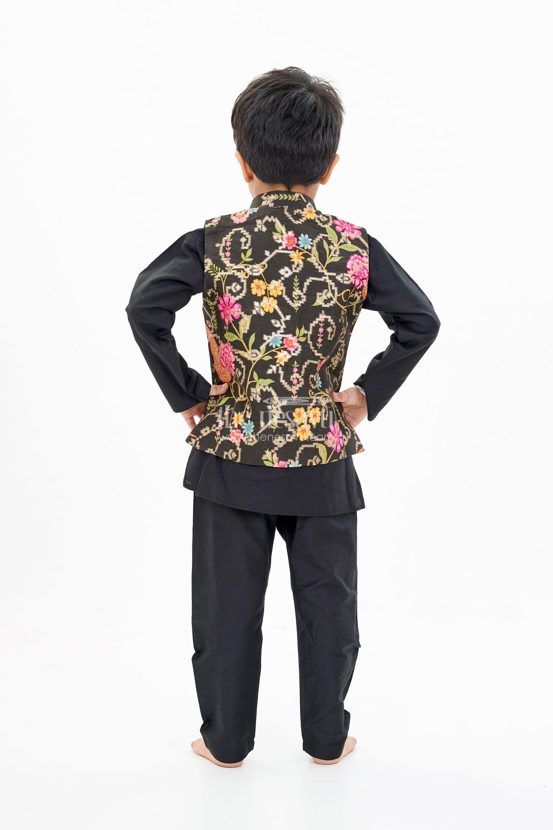 The Nesavu Boys Jacket Sets Stylish Black Jacket On Kurta Set for Boys with Floral Embroidered Silk Vest Nesavu Stylish Black Jacket Kurta Set Boys Floral Embroidered Silk Vest | The Nesavu