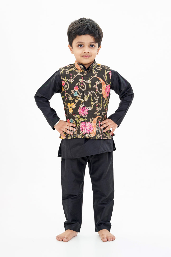 The Nesavu Boys Jacket Sets Stylish Black Jacket On Kurta Set for Boys with Floral Embroidered Silk Vest Nesavu Stylish Black Jacket Kurta Set Boys Floral Embroidered Silk Vest | The Nesavu
