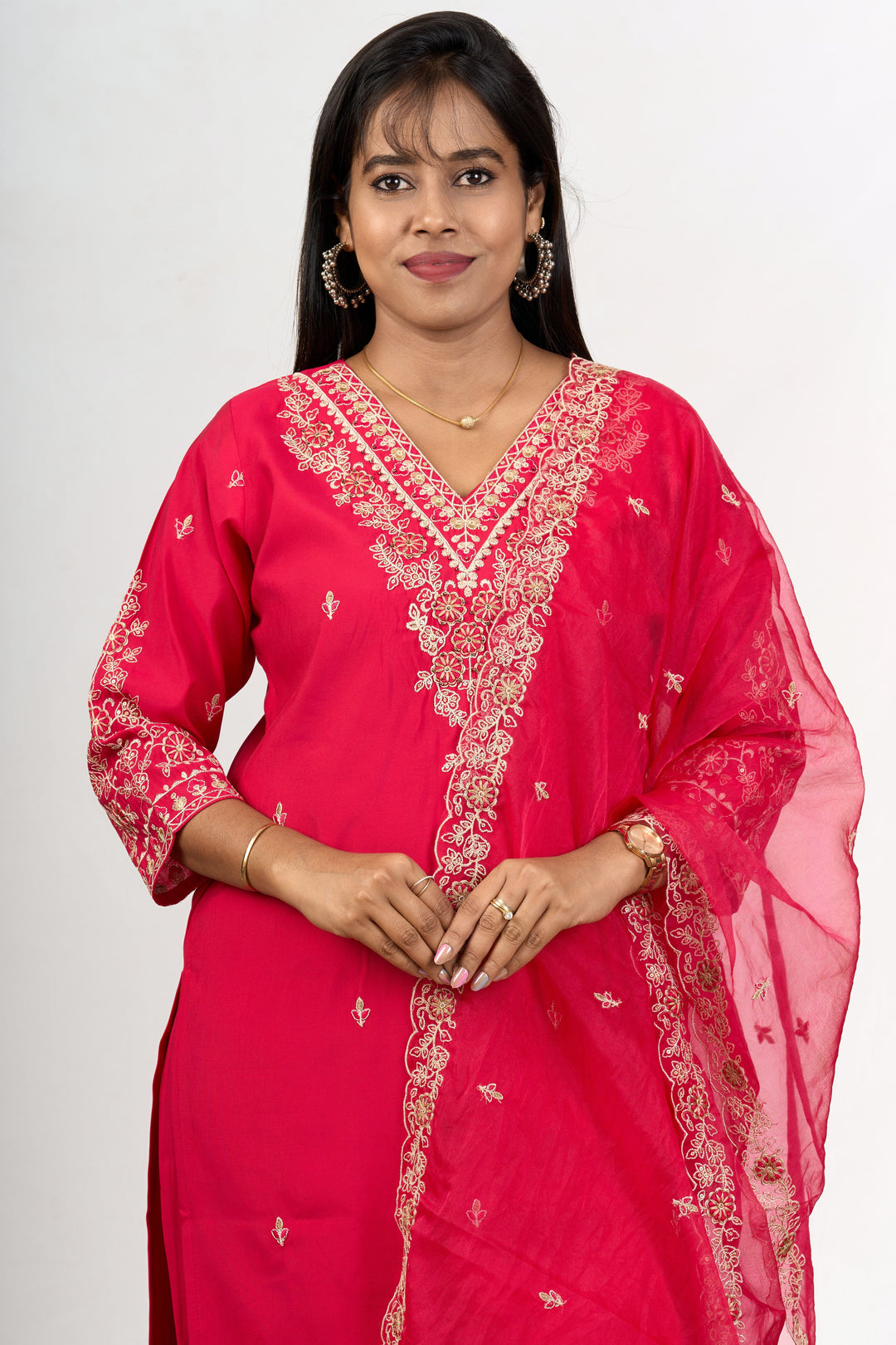 The Nesavu Womens Straight Suit Sets Stylish Blend Silk Kurtis Set for Women with Embroidered Details Nesavu Blend Silk Kurtis Set Women Gold Embroidery Flowy Dupatta - | The Nesavu