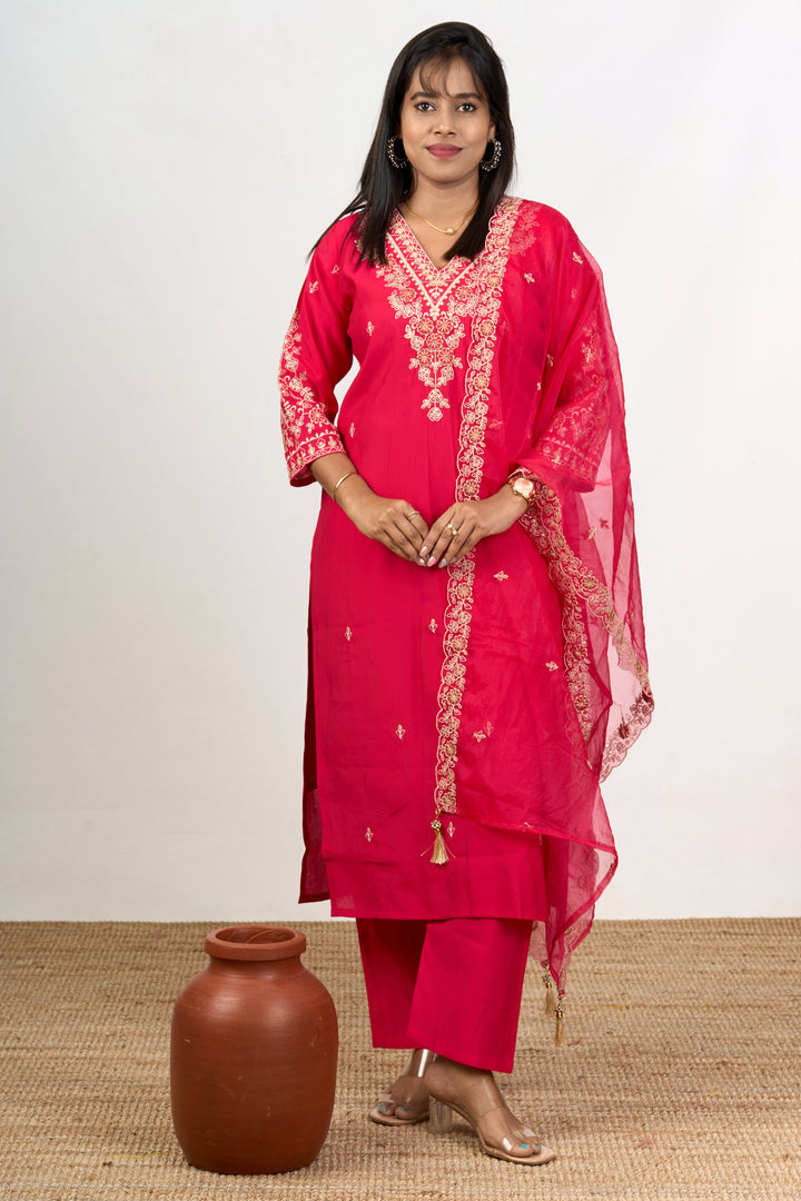 The Nesavu Womens Straight Suit Sets Stylish Blend Silk Kurtis Set for Women with Embroidered Details Nesavu Blend Silk Kurtis Set Women Gold Embroidery Flowy Dupatta - | The Nesavu