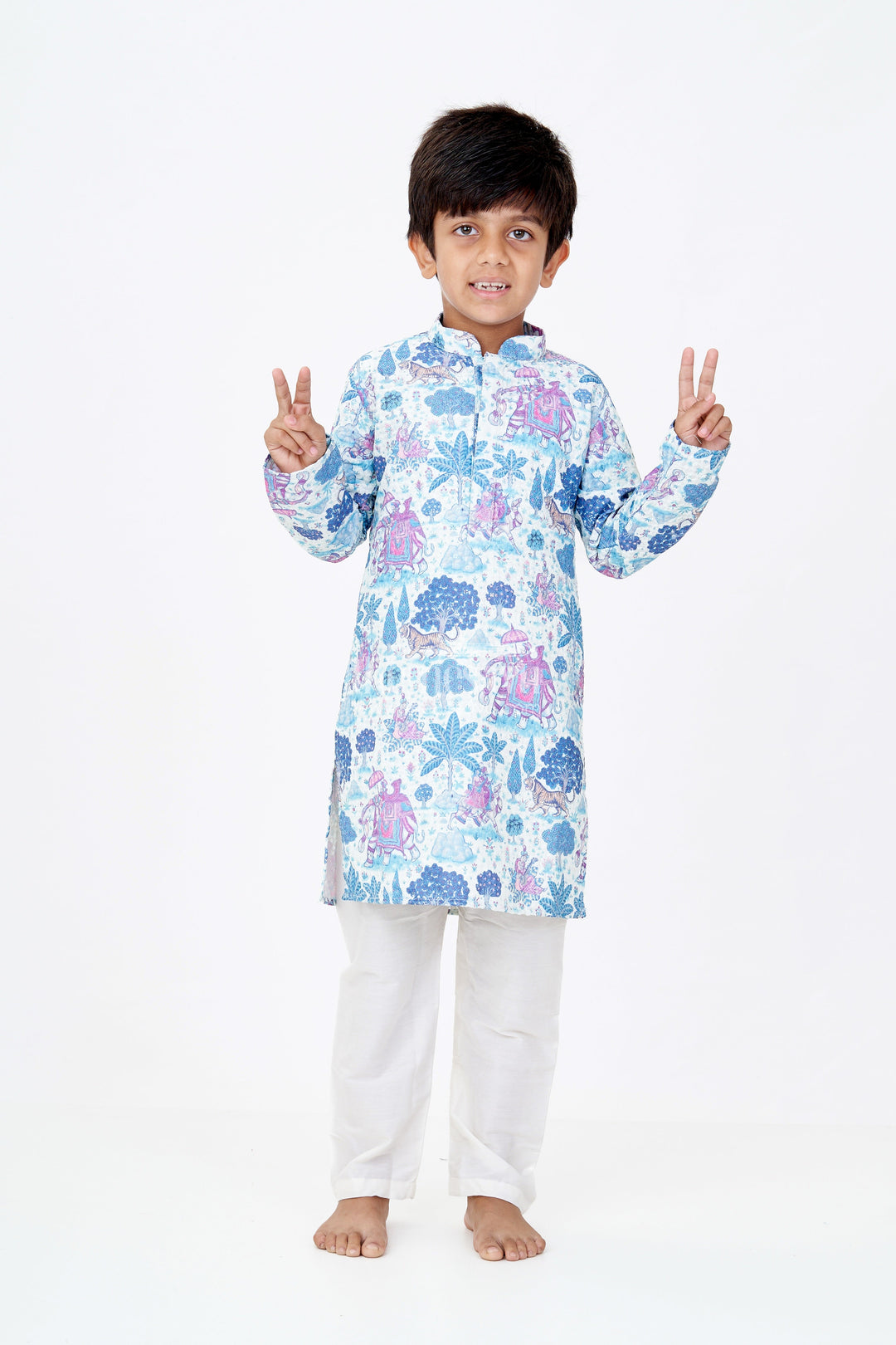 The Nesavu Boys Kurtha Set Stylish Boys Blue Printed Kurta Set with Story Digital Print and Embroidered Detailing Nesavu 20 (3Y) / Blue BES655A-20 Boys Blue Printed Kurta Set Digital Print Embroidery Festive Wear | The Nesavu