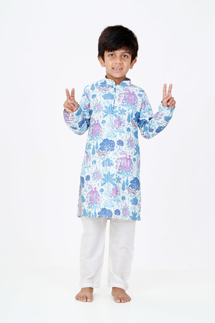 The Nesavu Boys Kurtha Set Stylish Boys Blue Printed Kurta Set with Story Digital Print and Embroidered Detailing Nesavu 20 (3Y) / Blue BES655A-20 Boys Blue Printed Kurta Set Digital Print Embroidery Festive Wear | The Nesavu