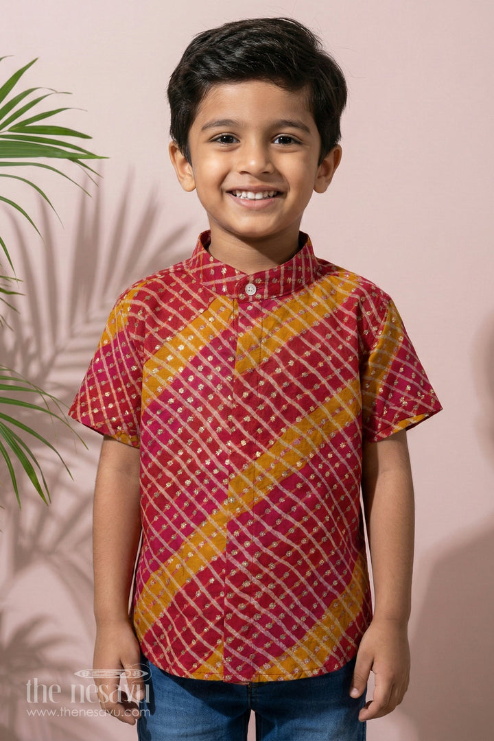 The Nesavu Boys Cotton Shirt Stylish Boys Chanderi Shirt with Diagonal Stripes and Golden Dots for Party Occasions Nesavu 16 (1Y) / Pink / Chanderi BS151A-16 Stylish Boys Chanderi Shirt with Diagonal Stripes and Golden Dots | The Nesavu
