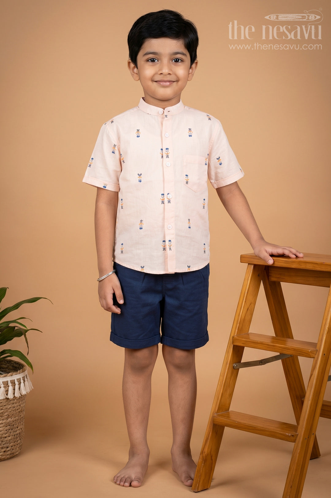 The Nesavu Boys Casual Set Stylish Boys Shirts Shorts Set with Printed Shirt and Cotton Navy Shorts Nesavu 14 (6M) / Half white BCS200B-14 Stylish Boys Shirts Shorts Set Printed Shirt Cotton Navy Shorts | The Nesavu