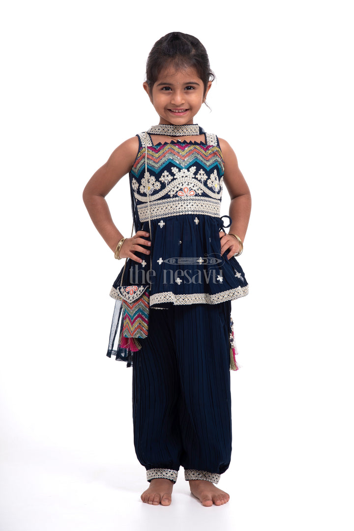 The Nesavu Girls Sharara / Plazo Set Stylish Children’s Clothes Online - Navy Blue Peplum Set with Dupatta Nesavu 18 (2Y) / Green GPS331C-18 Stylish Children’s Clothes Online - Nesavu | Navy Blue Peplum Set