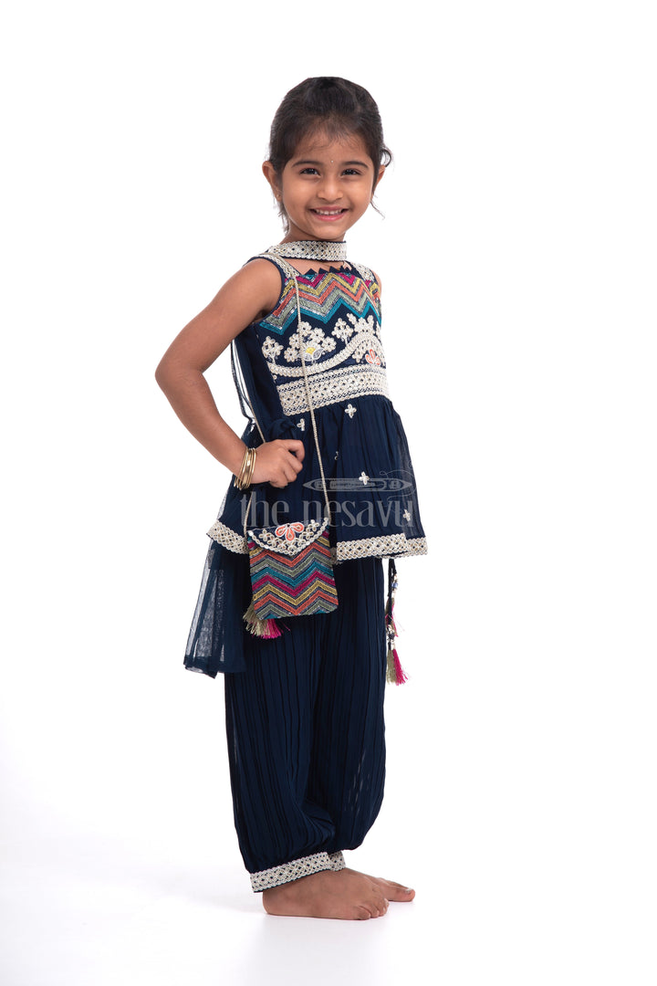 The Nesavu Girls Sharara / Plazo Set Stylish Children’s Clothes Online - Navy Blue Peplum Set with Dupatta Nesavu Stylish Children’s Clothes Online - Nesavu | Navy Blue Peplum Set