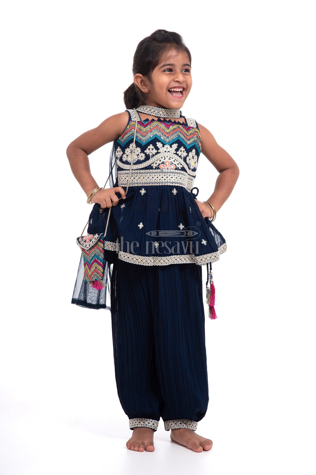 The Nesavu Girls Sharara / Plazo Set Stylish Children’s Clothes Online - Navy Blue Peplum Set with Dupatta Nesavu Stylish Children’s Clothes Online - Nesavu | Navy Blue Peplum Set