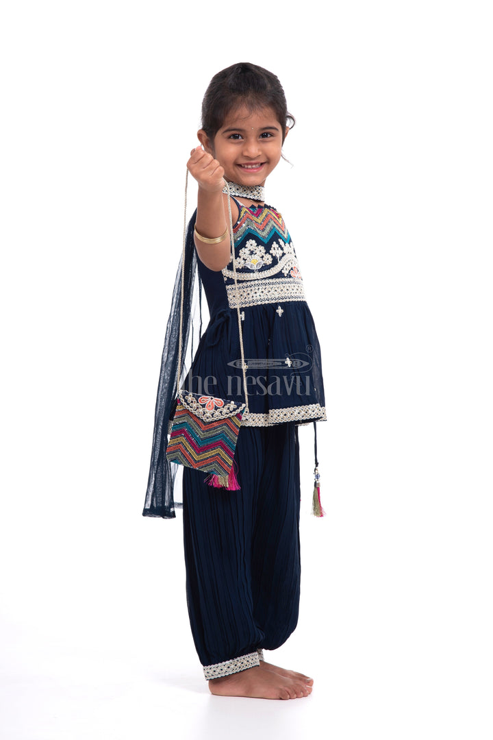 The Nesavu Girls Sharara / Plazo Set Stylish Children’s Clothes Online - Navy Blue Peplum Set with Dupatta Nesavu Stylish Children’s Clothes Online - Nesavu | Navy Blue Peplum Set