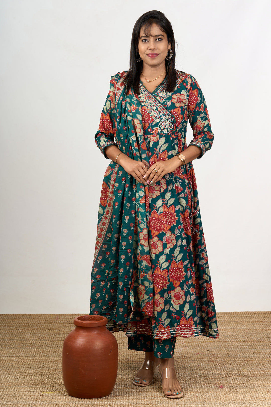 The Nesavu Womens Flared Suit Sets Stylish Cotton Women'S Flared Suit Set Wedding Wear for Women with Green and Floral Charm Nesavu 38 (M) / Green WTH067C-38 Cotton Women's Flared Green Suit Set Wedding Wear Elegant Occasions | The Nesavu