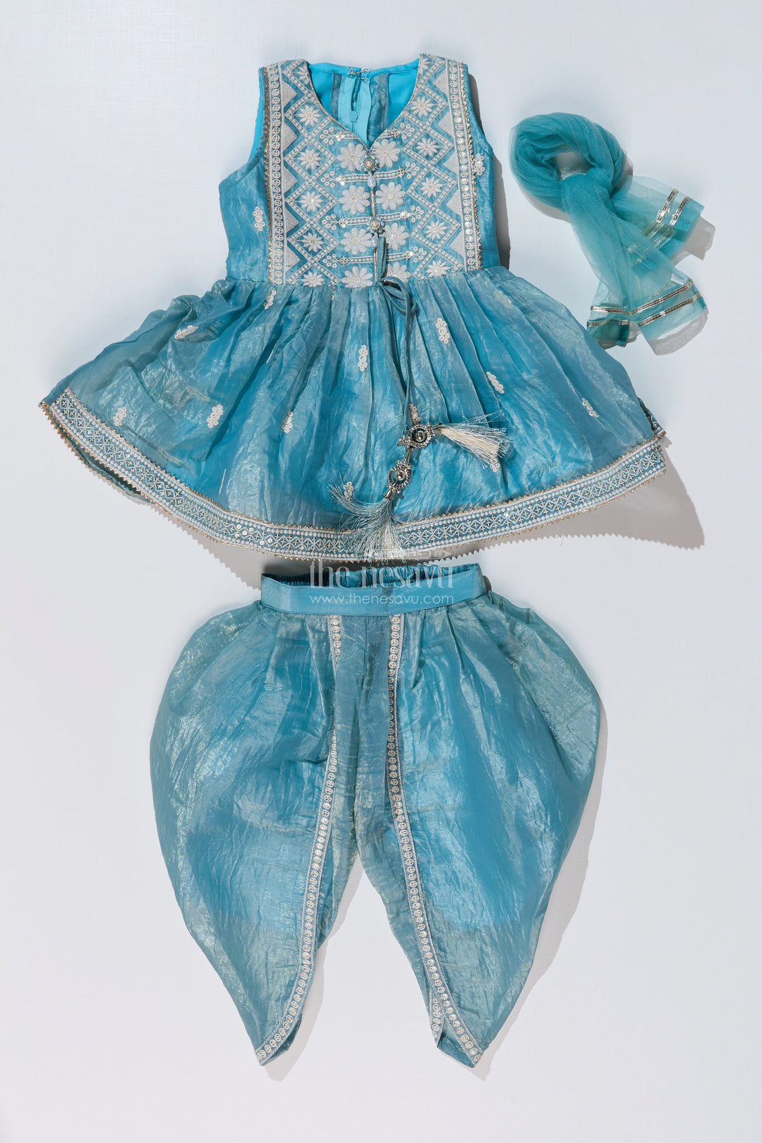 The Nesavu Girls Dothi Sets Stylish Dhoti Choli Dress for Girls with Glaze Shimmer Organza and Embroidered Details Nesavu Stylish Dhoti Choli Dress Girls Glaze Shimmer Organza Embroidered Details | The Nesavu