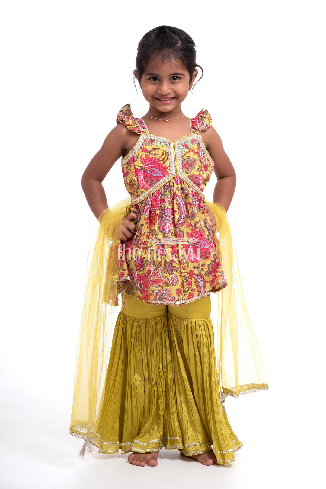 The Nesavu Girls Sharara / Plazo Set Stylish Festive Clothes for Girls - Aliya Cut Blouse with Gharara Pants Nesavu 14 (6M) / multicolor GPS332A-14 Stylish Festive Clothes for Girls - Nesavu | Aliya Cut Blouse with Gharara Pants