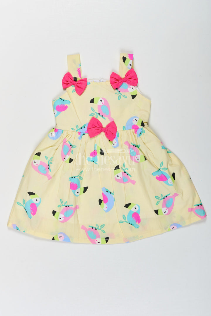 The Nesavu Baby Fancy Frock Stylish Frock Short Dress for Baby Girls in Pure Cotton with Bird Print and Bow Embellishments Nesavu 14 (6M) / Yellow BFJ725B-14 Nesavu Frock Short Dress Baby Girls Pure Cotton Bird Print Bow Embellishments