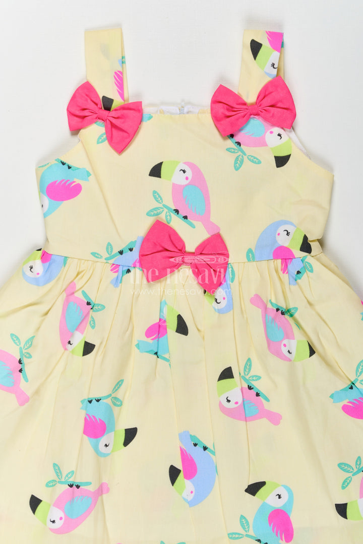 The Nesavu Baby Fancy Frock Stylish Frock Short Dress for Baby Girls in Pure Cotton with Bird Print and Bow Embellishments Nesavu Frock Short Dress Baby Girls Pure Cotton Bird Print Bow Embellishments | The Nesavu