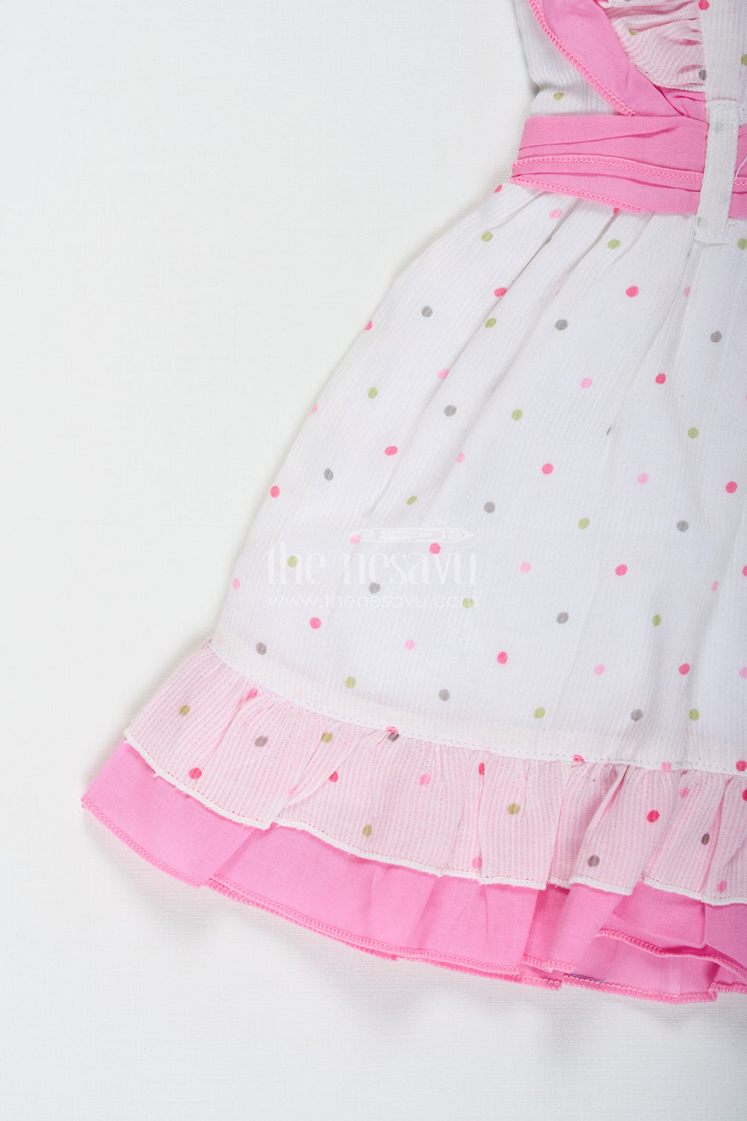 The Nesavu Baby Cotton Frocks Stylish Frocks for Baby Girls in White Cotton Blend with Pink Ruffles and Color Dot Accents Nesavu Stylish Baby Girls Frock White Cotton Blend Pink Ruffles Colorful Dot Prints | The Nesavu