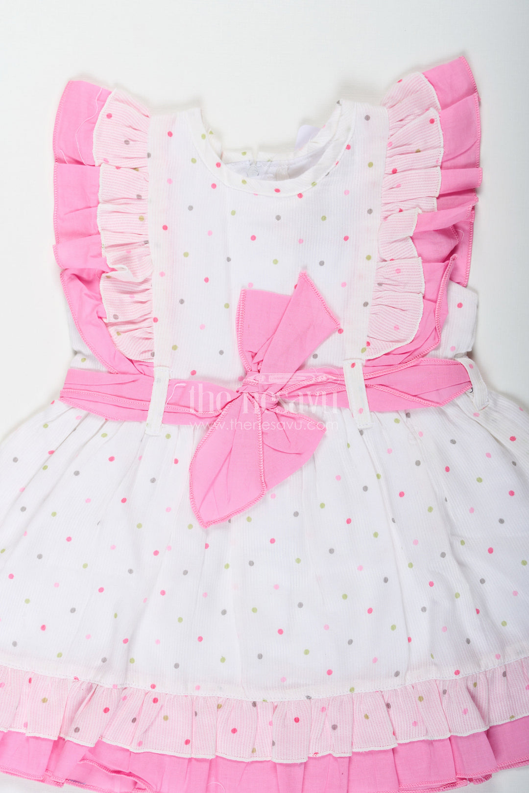 The Nesavu Baby Cotton Frocks Stylish Frocks for Baby Girls in White Cotton Blend with Pink Ruffles and Color Dot Accents Nesavu Stylish Baby Girls Frock White Cotton Blend Pink Ruffles Colorful Dot Prints | The Nesavu