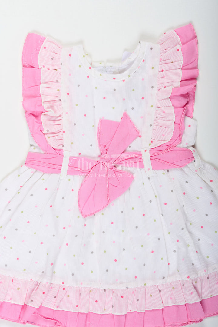 The Nesavu Baby Cotton Frocks Stylish Frocks for Baby Girls in White Cotton Blend with Pink Ruffles and Color Dot Accents Nesavu Stylish Baby Girls Frock White Cotton Blend Pink Ruffles Colorful Dot Prints | The Nesavu