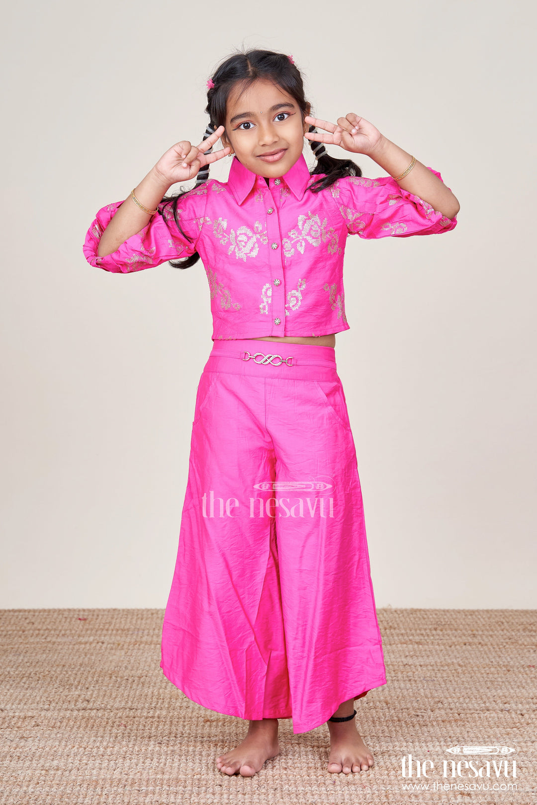 The Nesavu Girls Co-Ord Sets Stylish Georgette Top and Plazo Set for Girls Festive Casual Wear Nesavu 24 (5Y) / Pink GPS736A-24 Nesavu plazo top set girls georgette stylish ethnic wear festive occasions