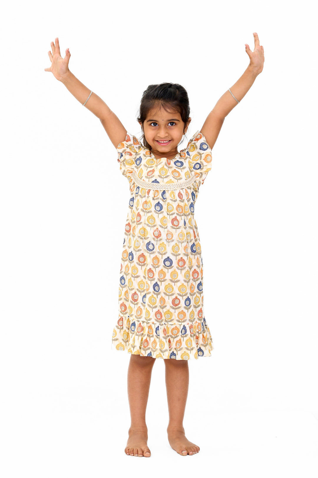 The Nesavu Girls Cotton Frock Stylish Girls Cotton Daily Wear Dress with Vibrant Floral Pattern and Ruffle Details Nesavu Girls Cotton Daily Wear Dress Cheerful Floral Print Ruffles Lace Yoke | The Nesavu