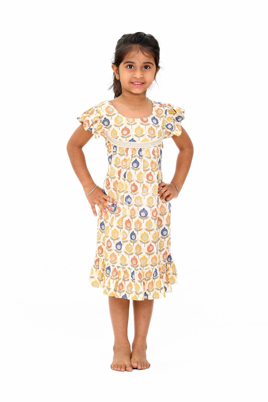 The Nesavu Girls Cotton Frock Stylish Girls Cotton Daily Wear Dress with Vibrant Floral Pattern and Ruffle Details Nesavu Girls Cotton Daily Wear Dress Cheerful Floral Print Ruffles Lace Yoke | The Nesavu