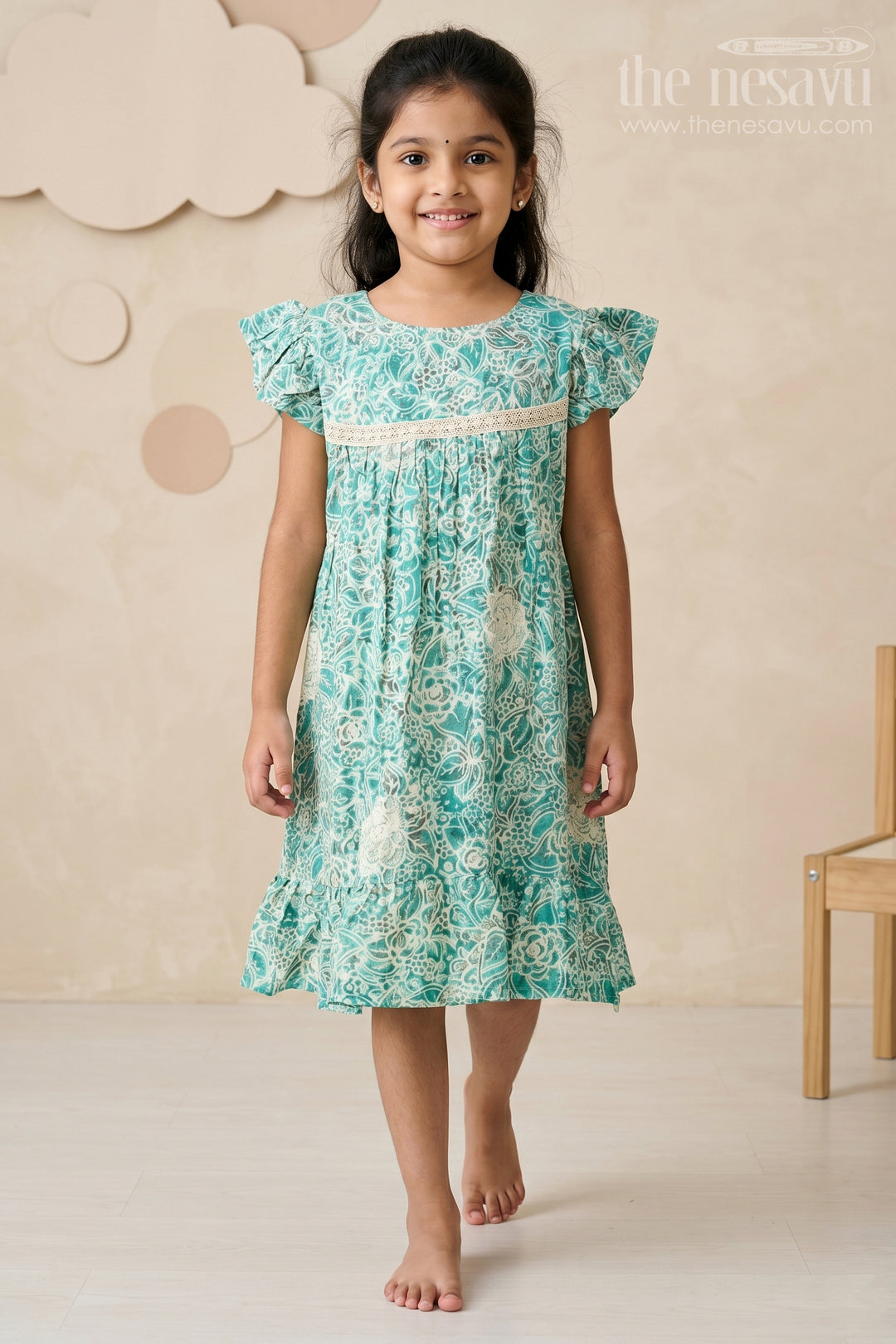 The Nesavu Girls Cotton Frock Stylish Girls Cotton One Piece Dress with Floral Print and Ruffle Hemline Nesavu 16 (1Y) / Green GFC1548A-16 Nesavu Girls Cotton One Piece Dress Floral Print Ruffles Lace Detailing Summer Style