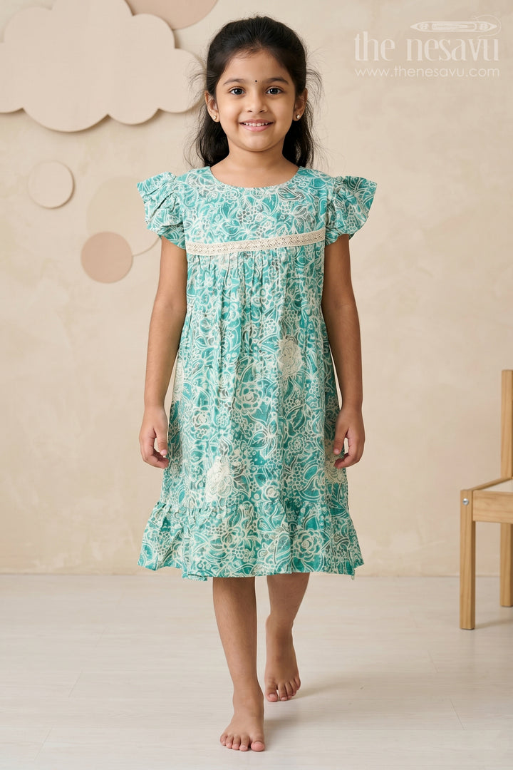 The Nesavu Girls Cotton Frock Stylish Girls Cotton One Piece Dress with Floral Print and Ruffle Hemline Nesavu 16 (1Y) / Green GFC1548A-16 Nesavu Girls Cotton One Piece Dress Floral Print Ruffles Lace Detailing Summer Style