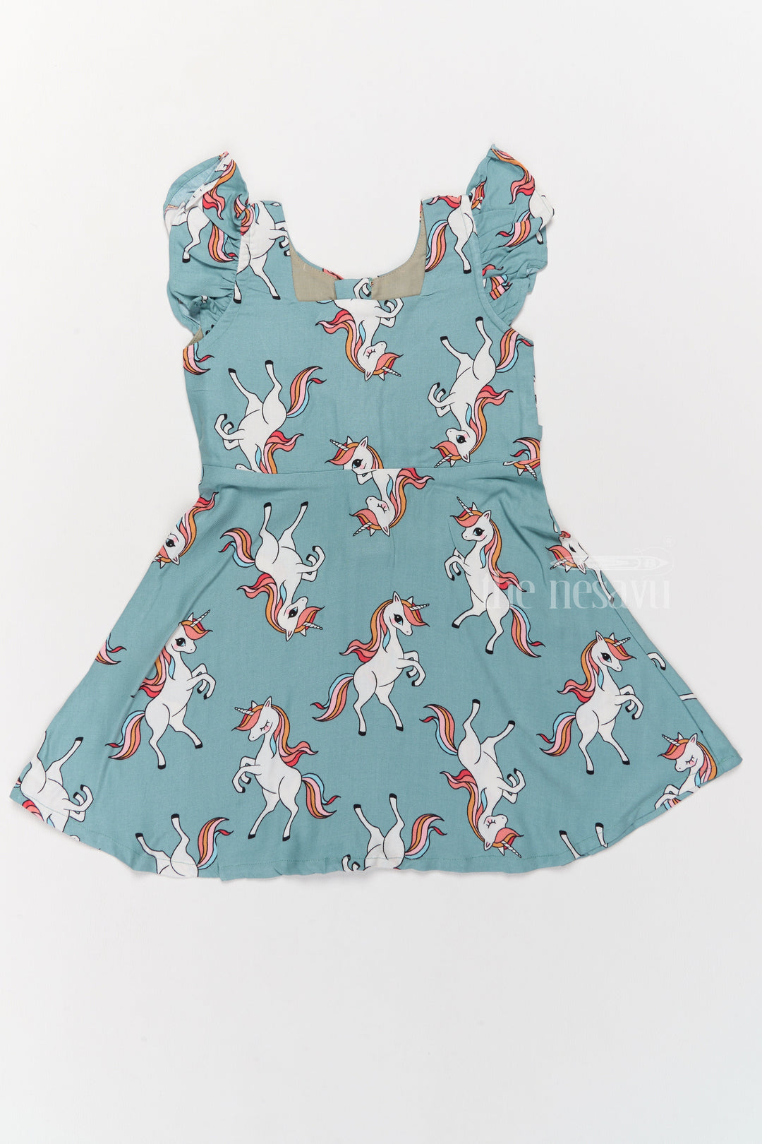 The Nesavu Girls Cotton Frock Stylish Girls Cotton Straight Dress with Unicorn Print and Ruffled Sleeves Nesavu Girls Cotton Straight Dress Unicorn Print Ruffled Sleeves Teal Finish | The Nesavu