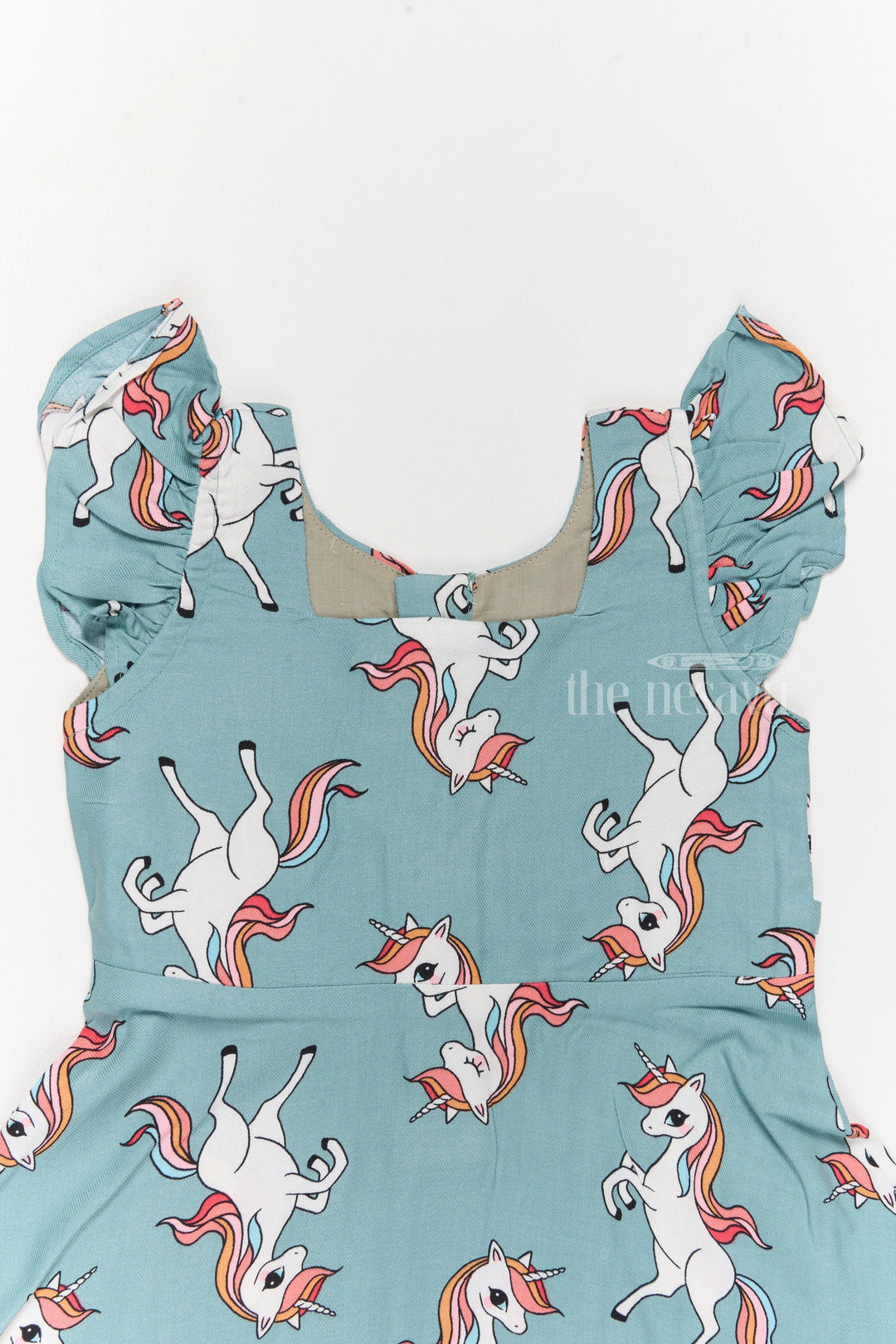 The Nesavu Girls Cotton Frock Stylish Girls Cotton Straight Dress with Unicorn Print and Ruffled Sleeves Nesavu Girls Cotton Straight Dress Unicorn Print Ruffled Sleeves Teal Finish | The Nesavu