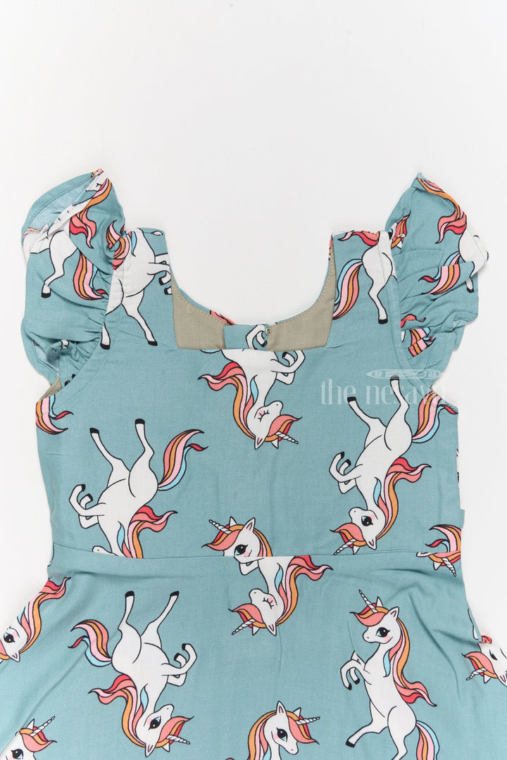 The Nesavu Girls Cotton Frock Stylish Girls Cotton Straight Dress with Unicorn Print and Ruffled Sleeves Nesavu Girls Cotton Straight Dress Unicorn Print Ruffled Sleeves Teal Finish | The Nesavu