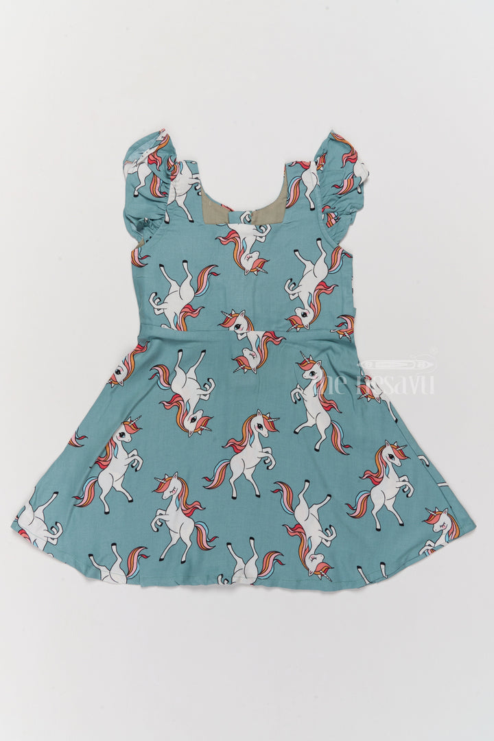 The Nesavu Girls Cotton Frock Stylish Girls Cotton Straight Dress with Unicorn Print and Ruffled Sleeves Nesavu Girls Cotton Straight Dress Unicorn Print Ruffled Sleeves Teal Finish | The Nesavu