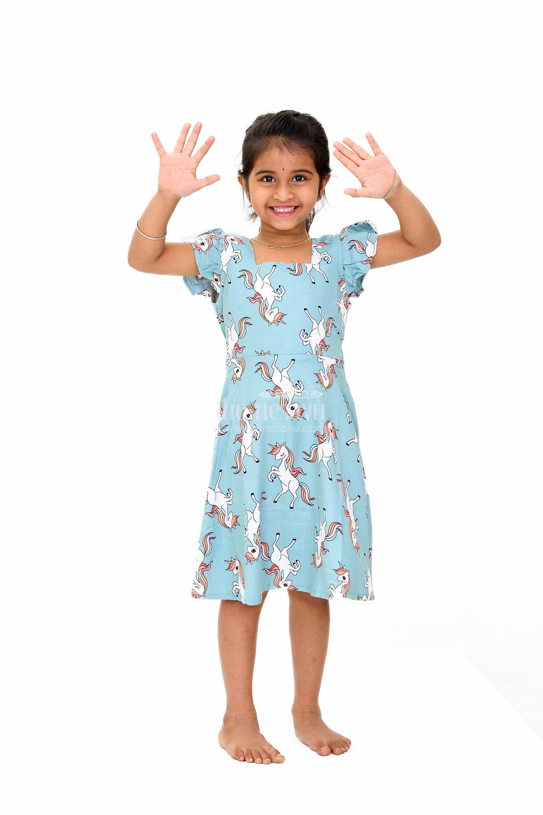 The Nesavu Girls Cotton Frock Stylish Girls Cotton Straight Dress with Unicorn Print and Ruffled Sleeves Nesavu Girls Cotton Straight Dress Unicorn Print Ruffled Sleeves Teal Finish | The Nesavu