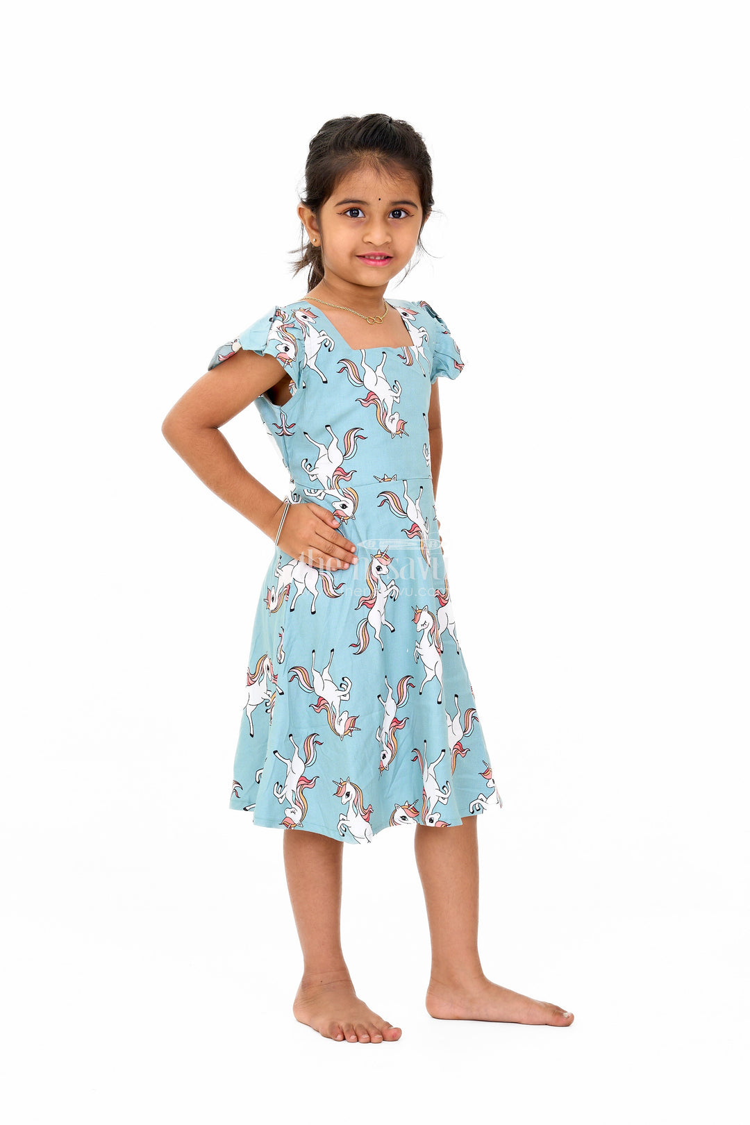 The Nesavu Girls Cotton Frock Stylish Girls Cotton Straight Dress with Unicorn Print and Ruffled Sleeves Nesavu Girls Cotton Straight Dress Unicorn Print Ruffled Sleeves Teal Finish | The Nesavu