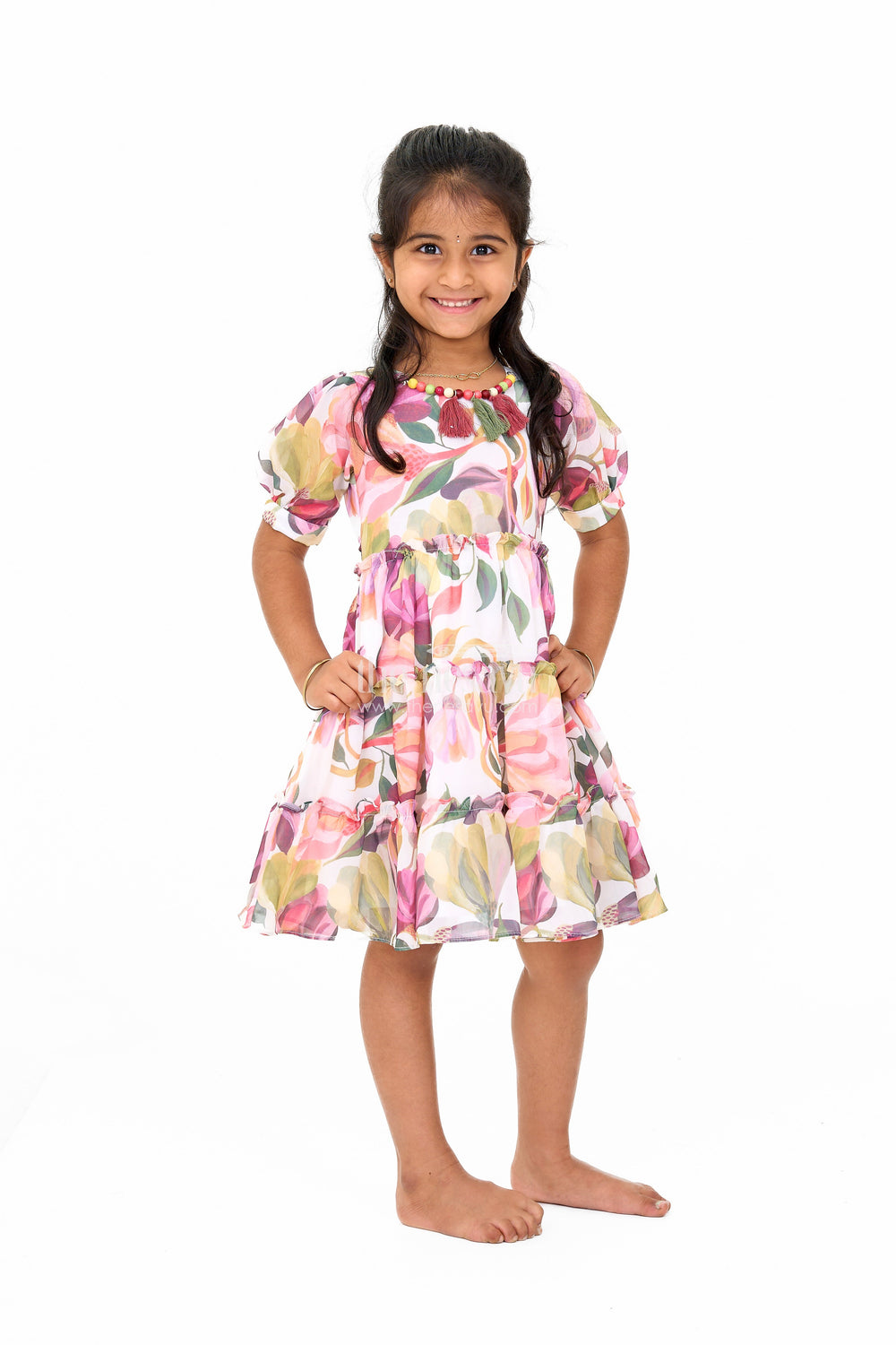 The Nesavu Girls Fancy Frock Stylish Girls Georgette Fancy Frock with Multicolor Floral Prints and Tiered Hem Nesavu Nesavu Multicolor Floral Georgette Ki Frock Tiered Hem Girls
