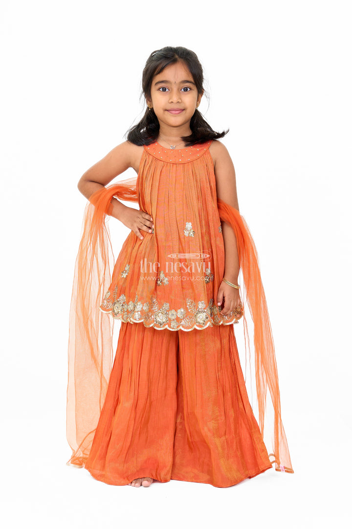 The Nesavu Girls Sharara / Plazo Set Stylish Girls Orange Viscose Silk Sharara Set with Embroidered Cape for Festive Wear Nesavu 16 (1Y) / Orange GPS475C-16 Girls Orange Viscose Silk Sharara Set Embroidered Cape Weddings Festivals | The Nesavu