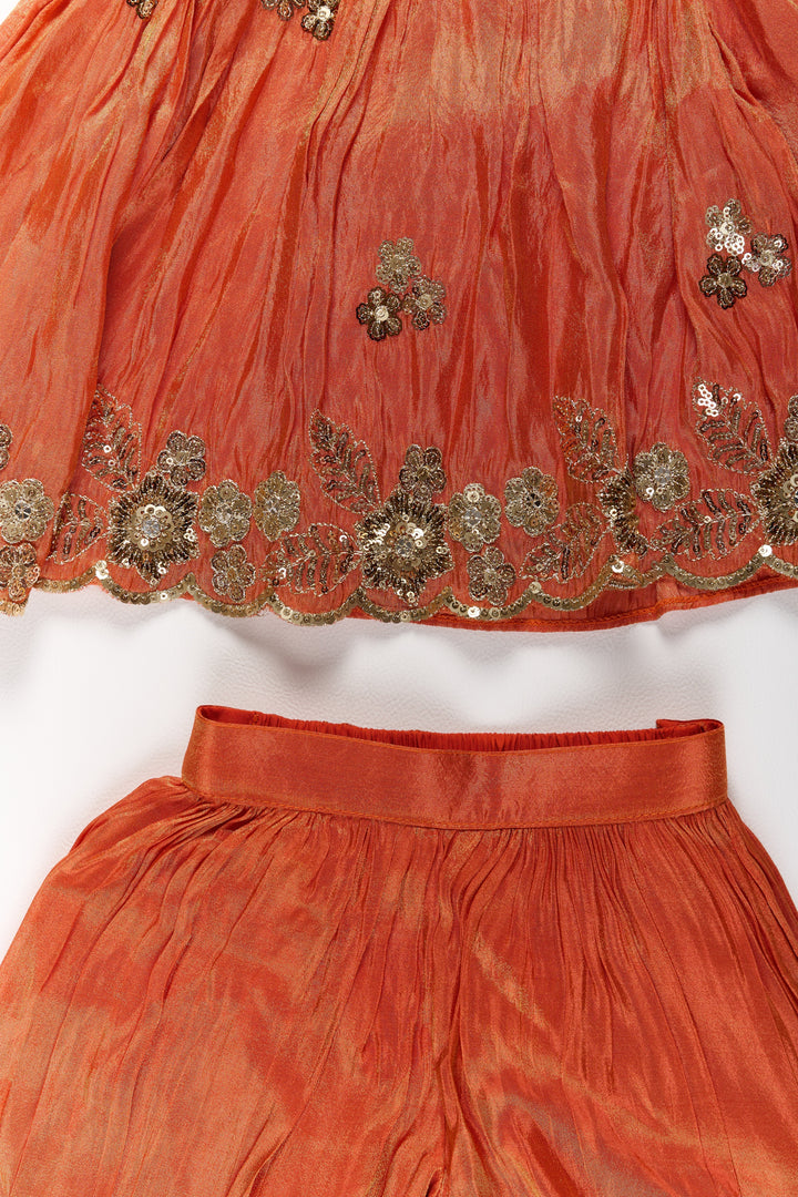 The Nesavu Girls Sharara / Plazo Set Stylish Girls Orange Viscose Silk Sharara Set with Embroidered Cape for Festive Wear Nesavu Girls Orange Viscose Silk Sharara Set Embroidered Cape Weddings Festivals | The Nesavu