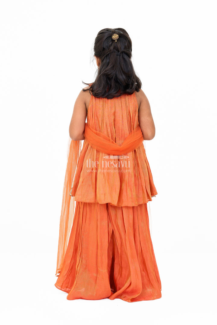 The Nesavu Girls Sharara / Plazo Set Stylish Girls Orange Viscose Silk Sharara Set with Embroidered Cape for Festive Wear Nesavu Girls Orange Viscose Silk Sharara Set Embroidered Cape Weddings Festivals | The Nesavu