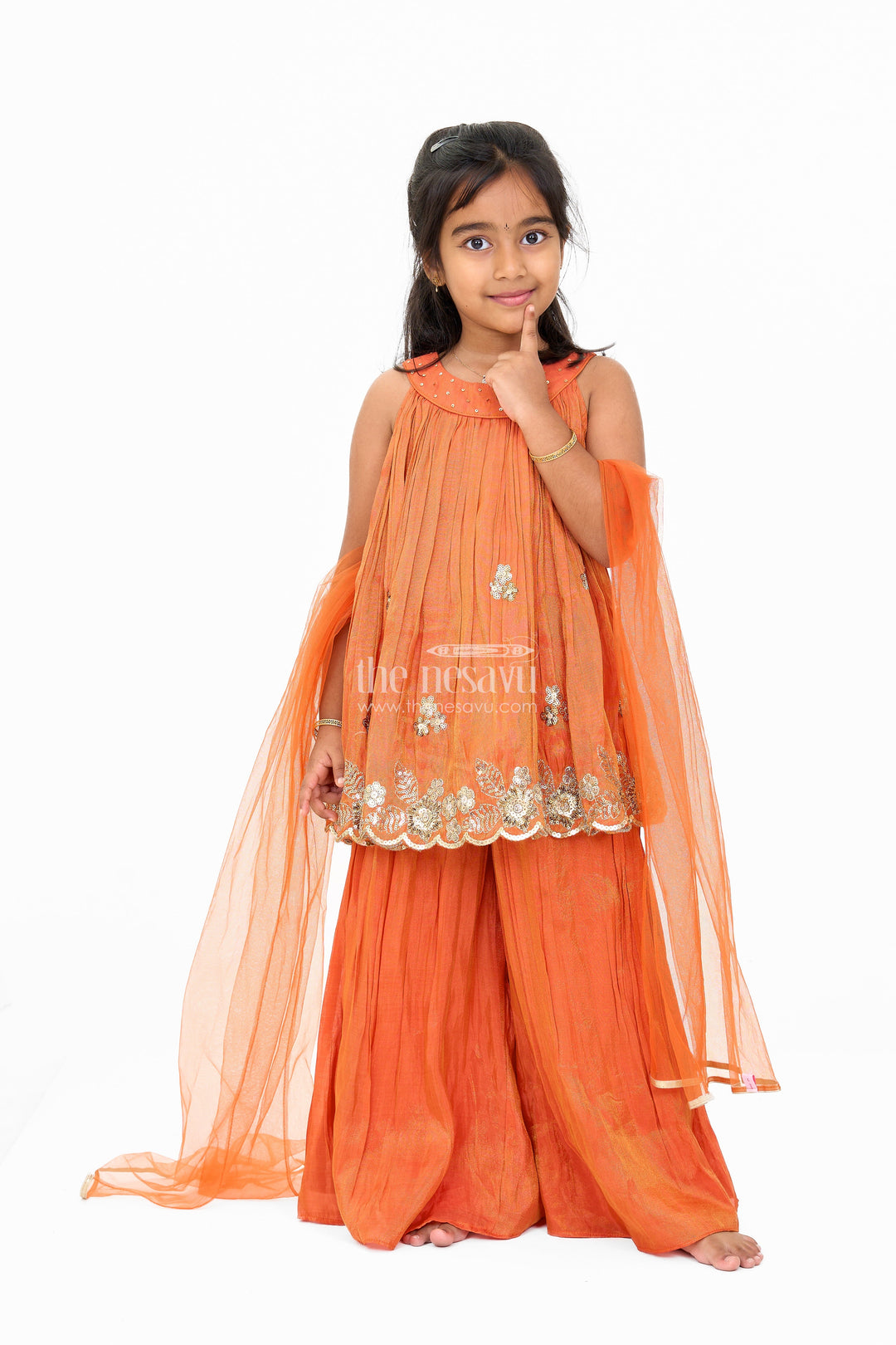 The Nesavu Girls Sharara / Plazo Set Stylish Girls Orange Viscose Silk Sharara Set with Embroidered Cape for Festive Wear Nesavu Girls Orange Viscose Silk Sharara Set Embroidered Cape Weddings Festivals | The Nesavu