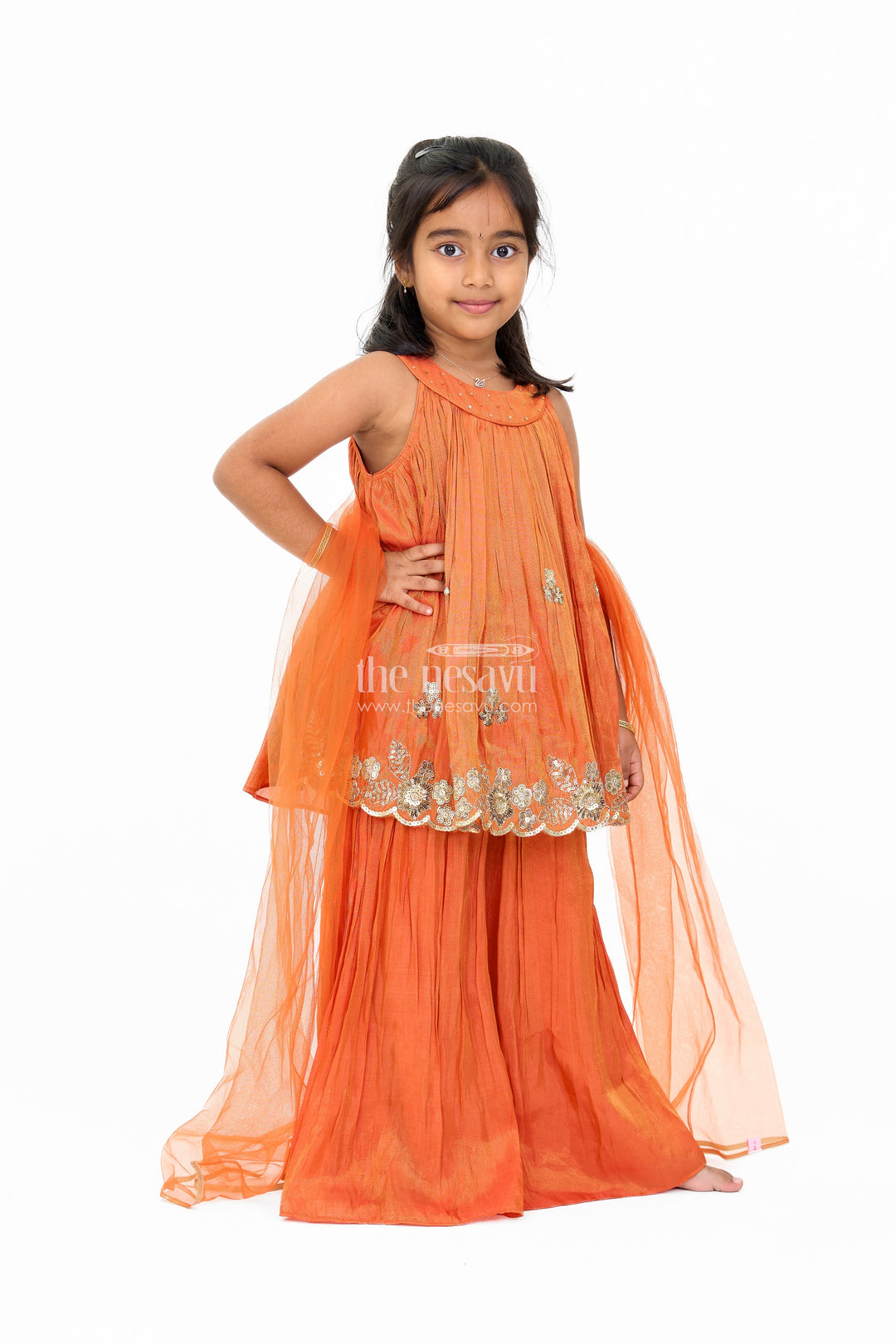 The Nesavu Girls Sharara / Plazo Set Stylish Girls Orange Viscose Silk Sharara Set with Embroidered Cape for Festive Wear Nesavu Girls Orange Viscose Silk Sharara Set Embroidered Cape Weddings Festivals | The Nesavu