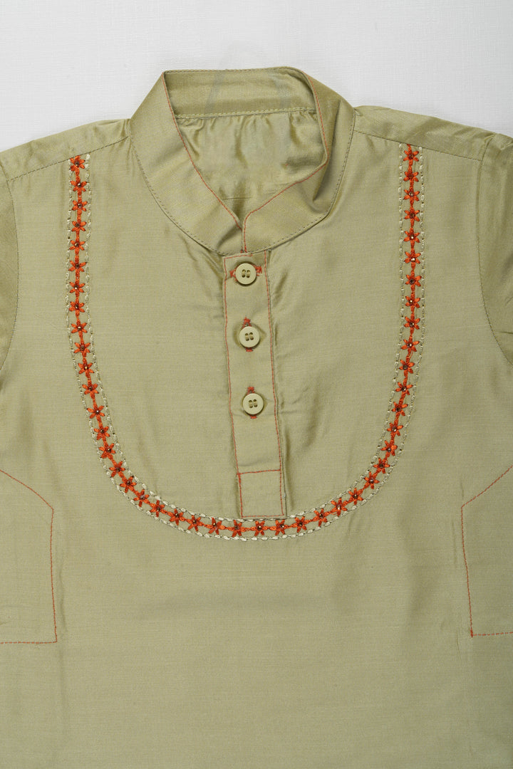 The Nesavu Boys Kurtha Shirt Stylish Green Boys Kurta Shirt with Embroidered Placket - Ideal for Festive Occasions Nesavu Stylish Green Boys Kurta Shirt with Embroidered Placket | Ideal for Festive Occasions | The Nesavu