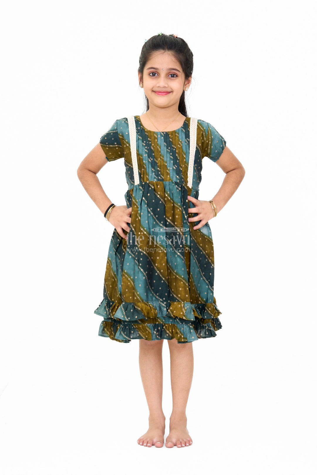 The Nesavu Girls Cotton Frock Stylish Green Cotton Aesthetic Frock for Girls with Layered Design and Gold Accents Nesavu 16 (1Y) / Green GFC1596A-16 Stylish Green Cotton Aesthetic Frock Girls Layered Design Gold Accents | The Nesavu