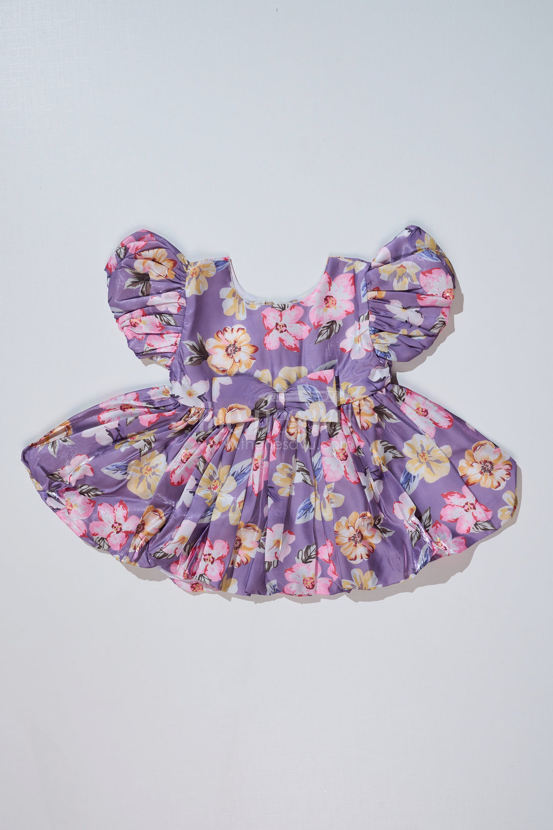 The Nesavu Baby Fancy Frock Stylish Knee Length Floral Frock for Baby Girls in Glaza Satin with Digital Print and Puff Sleeves Nesavu 14 (6M) / Purple BFJ727B-14 Knee Length Floral Frock Baby Girls Glaza Satin Digital Print Puff Sleeves | The Nesavu