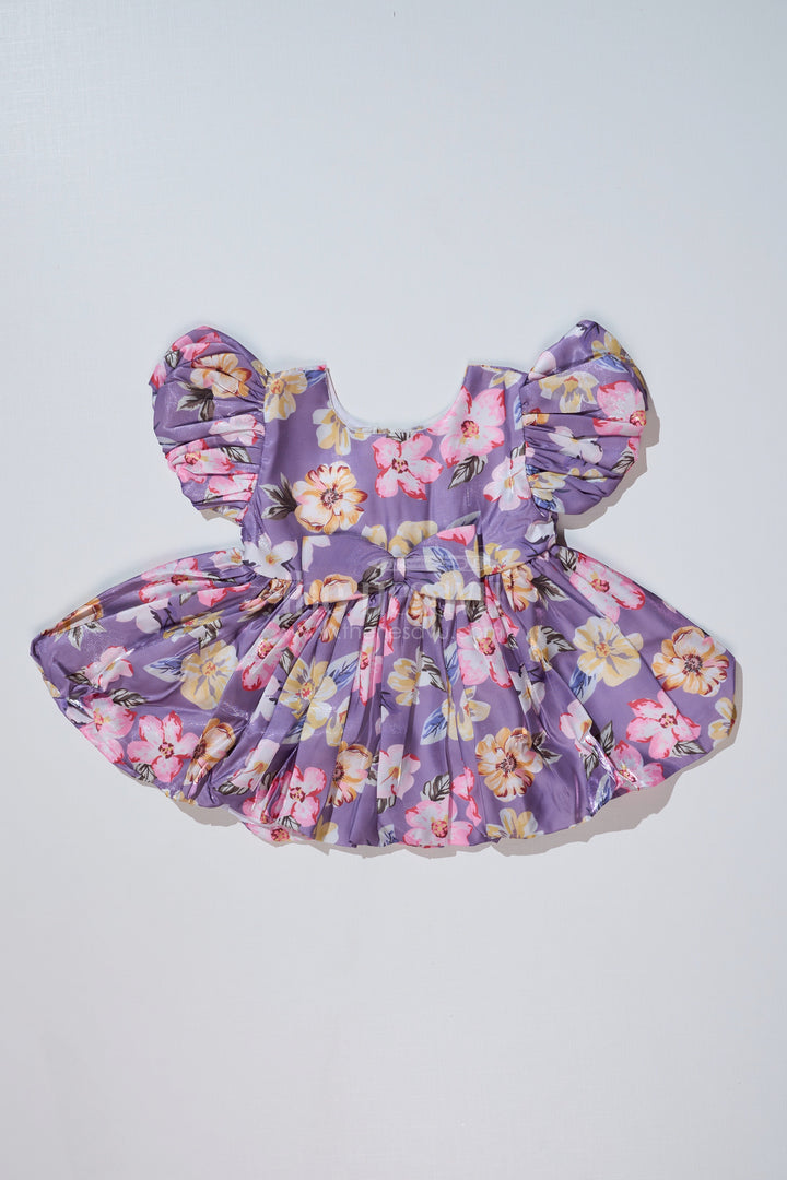 The Nesavu Baby Fancy Frock Stylish Knee Length Floral Frock for Baby Girls in Glaza Satin with Digital Print and Puff Sleeves Nesavu 14 (6M) / Purple BFJ727B-14 Knee Length Floral Frock Baby Girls Glaza Satin Digital Print Puff Sleeves | The Nesavu