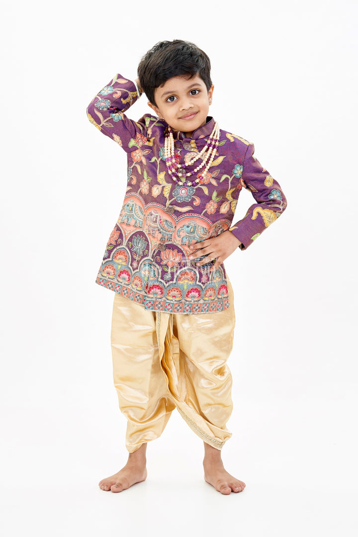The Nesavu Boys Sherwani Stylish Kurta for Kids with Exquisite Embroidery and Golden Dhoti for Festive Wear Nesavu 14 (6M) / Multicolor BES636A-14 Stylish Kurta Kids Embroidered Jacket Golden Dhoti Traditional Wear | The Nesavu
