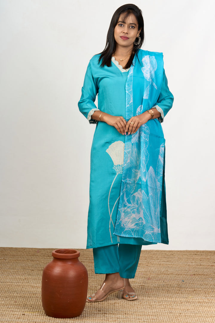 The Nesavu Womens Straight Suit Sets Stylish Kurta Sets for Ladies in Blue Blend Silk with Delicate Lace and Floral Details Nesavu 38 (M) / Blue WTH058A-38 Nesavu Stylish Blue Blend Silk Kurta Sets Ladies Lace Floral Embroidery Details