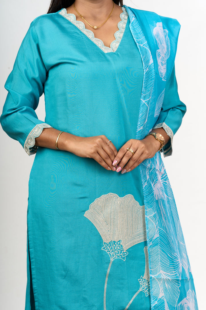 The Nesavu Womens Straight Suit Sets Stylish Kurta Sets for Ladies in Blue Blend Silk with Delicate Lace and Floral Details Nesavu Nesavu Stylish Blue Blend Silk Kurta Sets Ladies Lace Floral Embroidery Details