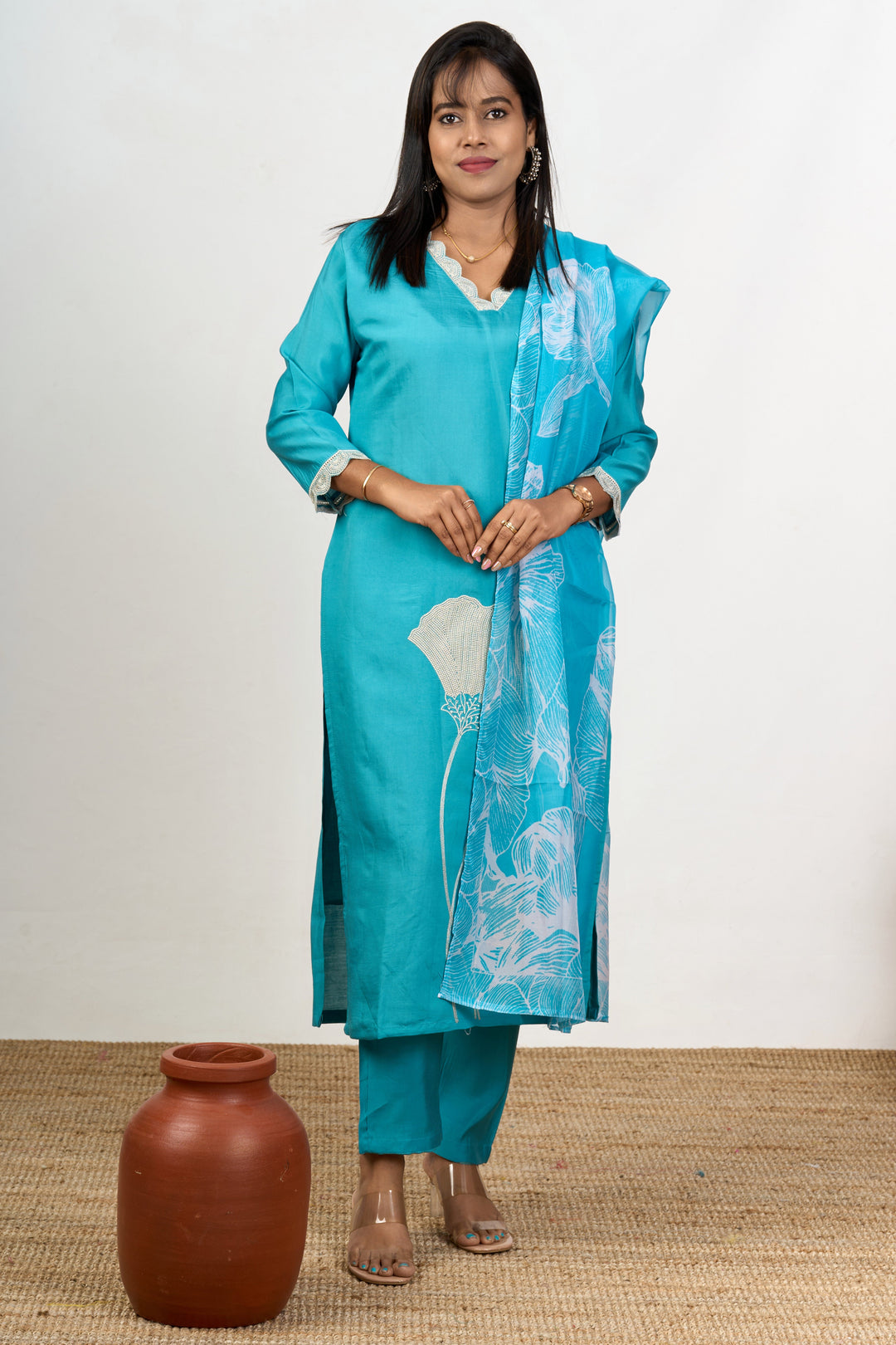 The Nesavu Womens Straight Suit Sets Stylish Kurta Sets for Ladies in Blue Blend Silk with Delicate Lace and Floral Details Nesavu Stylish Blue Blend Silk Kurta Sets Ladies Lace Floral Embroidery Details | The Nesavu